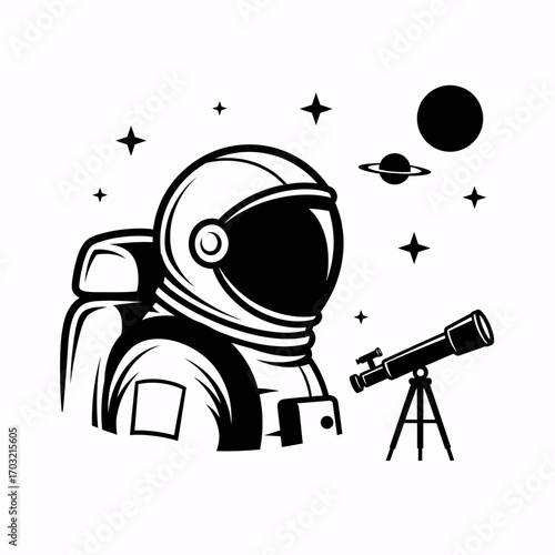 Astronaut exploring the cosmos with a telescope, charting new discoveries among the stars