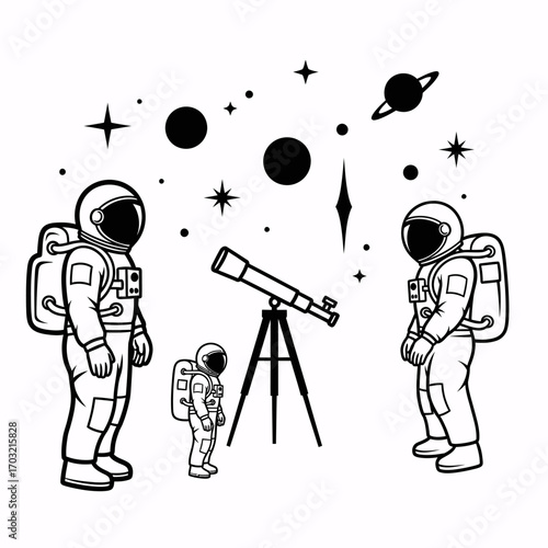 Astronaut explorers observe cosmic wonders with telescope, discovering distant planets and stars in deep space adventure.