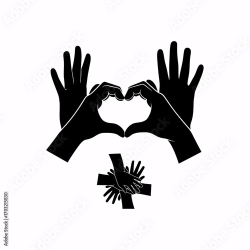 Stunning hands form heart shape above diverse team joining hands in unity symbol