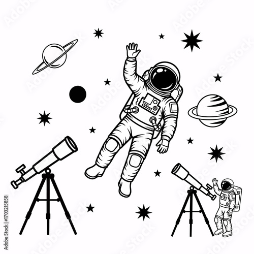 Astronaut exploring the cosmos with telescopes and planets, a journey of discovery