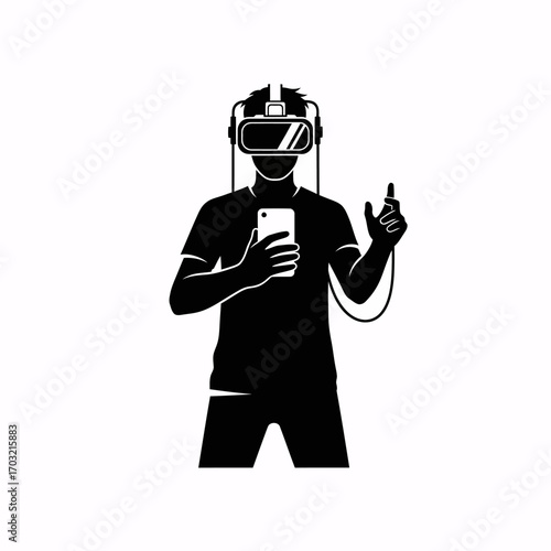 Man with VR headset holding phone explores immersive digital worlds, interacting with virtual reality