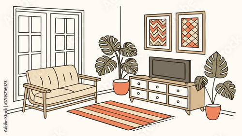 Cozy living room with sofa, TV, and plants in a sketch style.