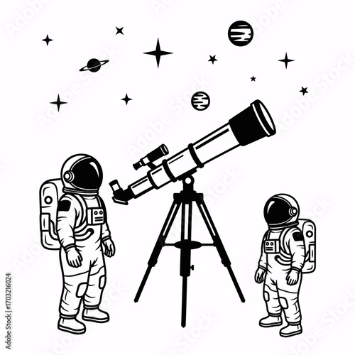Curious astronauts gaze at stars and planets through a powerful telescope, exploring the cosmos.