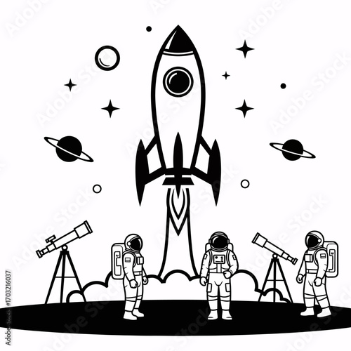 Astronauts prepare for rocket launch and space exploration with telescopes under starry skies