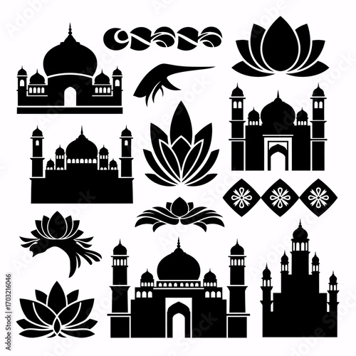 Stunning Indian architectural silhouettes including Taj Mahal designs and lotus flower motifs for cultural projects