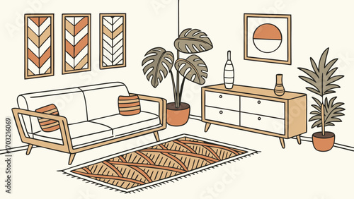 Cozy Living Room Interior with Mid-Century Modern Furniture and Plants.