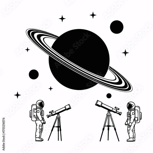 Astronauts gaze at a giant ringed planet and stars, exploring the cosmos with telescopes