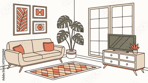 Cozy Living Room Interior with Sofa, TV, and Plant.