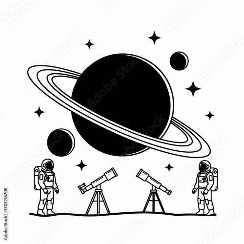 Astronauts observe Saturn with telescopes, exploring the vastness of space and cosmic wonders.