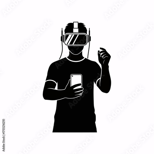 Man wearing VR headset and holding smartphone explores immersive digital worlds with interactive technology