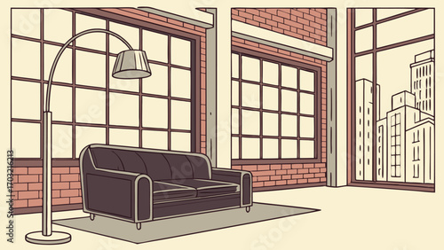 A comfortable dark leather sofa with a modern floor lamp.