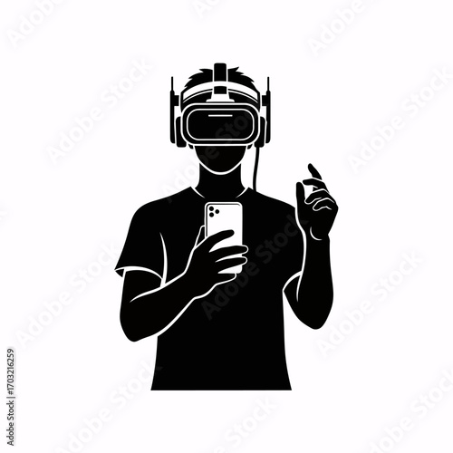 Modern person explores virtual reality holding smartphone and gesturing interactively, future tech