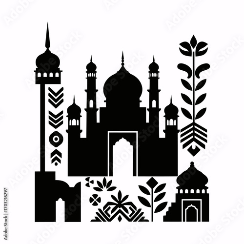 Stunning black silhouette of Taj Mahal with intricate cultural patterns, evoking India's rich heritage