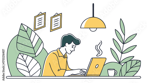 Man working on laptop, focused and concentrated, at desk, indoors, with coffee.