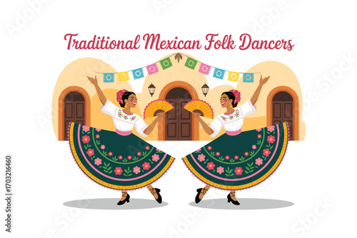 Vibrant Mexican Folk Dancers Celebrating Tradition with Elaborate Dresses and Fans, Depicting Cultural Richness and Festive Spirit, Suitable for Cinco de Mayo Festivities.