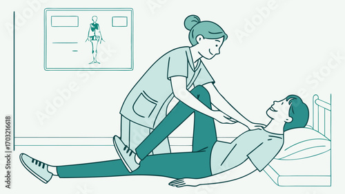 Physical therapist assisting patient with leg exercise in clinic.