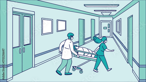 Medical professionals rushing patient on gurney down hospital corridor.