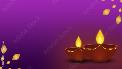 A beautiful Diwali background featuring glowing traditional oil lamps (diyas) on a rich purple gradient background with golden decorative elements. Perfect for use as a festive backdrop, poster design