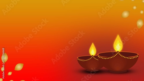 A festive Diwali background featuring glowing traditional diya lamps on a vibrant orange to red gradient with golden decorative elements. Ideal for use in greeting cards, banners, posters.