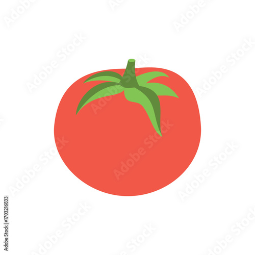 Red tomato with green stem and leaves isolated on white background
