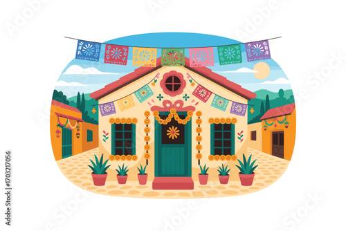 Charming Mexican House Decorated for Dia de los Muertos with Papel Picado and Marigolds, Celebrated in Festive Style and Under a Sunny Blue Sky