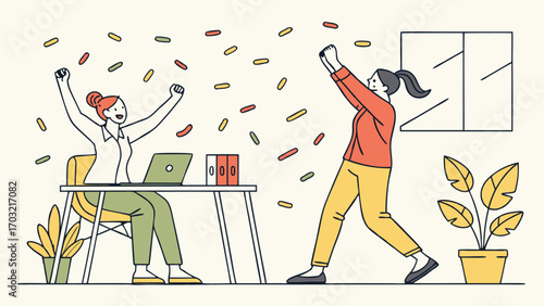 Two women celebrating success in an office environment.