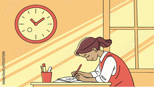 Girl Concentrating on Homework at Desk with Clock in Background.