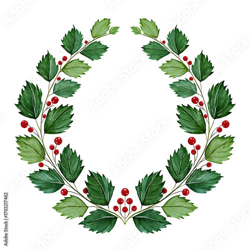 Watercolor hand-painted wreath with green leaves and red berries, arranged in a festive horseshoe shape. Isolated on a transparent background, ideal for seasonal design and holiday decor.