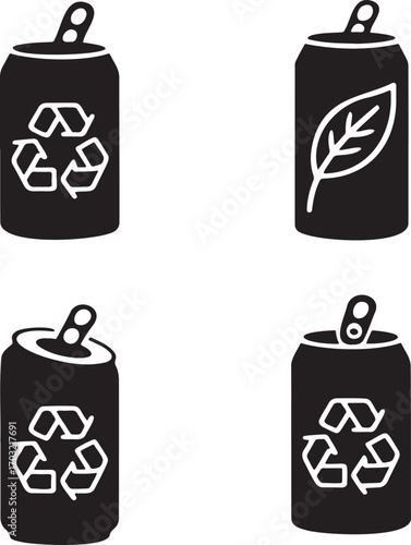 Black Beverage Cans with Eco-Friendly Recycling Icons – Sustainable Packaging Concept