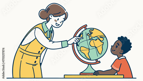 Teacher and Student Exploring the World with a Globe.