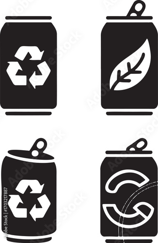 Black Beverage Cans with Eco-Friendly Recycling Icons – Sustainable Packaging Concept