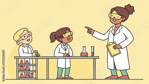 Science teacher explaining experiment to students in lab setting.