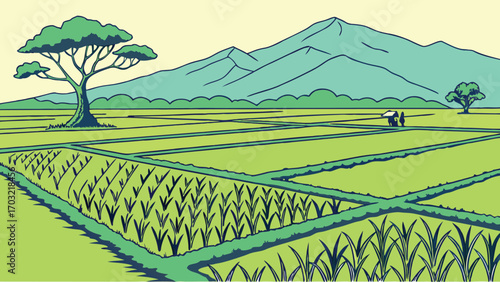 Lush Green Rice Paddies with Farmers Working in the Distance.