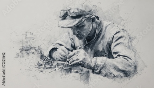 Mechanic repairing machine part in industrial setting pencil sketch