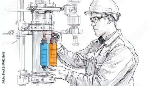 Engineer working on hydraulic system using cartridge valves in industrial setting