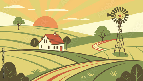 Idyllic Countryside Scene with Farmhouse and Windmill Illustration.