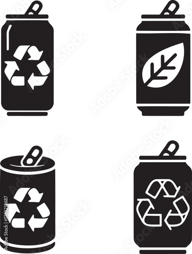 Black Beverage Cans with Eco-Friendly Recycling Icons – Sustainable Packaging Concept