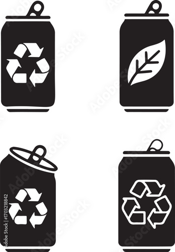 Black Beverage Cans with Eco-Friendly Recycling Icons – Sustainable Packaging Concept