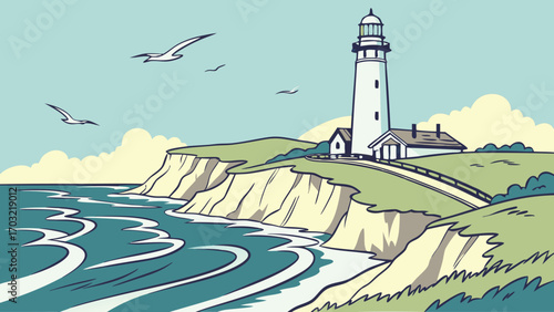 Scenic Lighthouse on Coastal Cliffs with Seagulls in Flight.