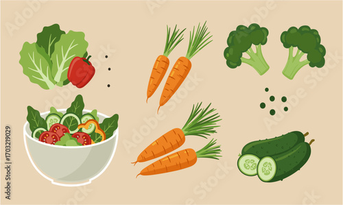 Vibrant vector illustration featuring a fresh salad bowl, crisp lettuce, juicy tomato, crunchy carrots, green broccoli, and cool cucumbers arranged on a neutral backdrop.