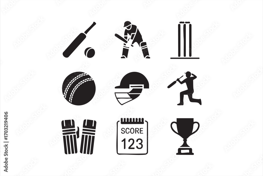 Obraz premium Cricket sport icons design set with match tools training gear and trophy cup