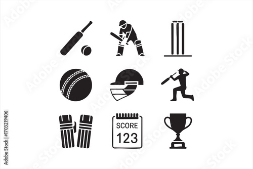 Cricket sport icons design set with match tools training gear and trophy cup