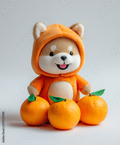 A round puppy with fluffy fur and sparkling eyes, wearing a shiny orange outfit. The oranges beside it look fresh and textured, making the whole picture vibrant.