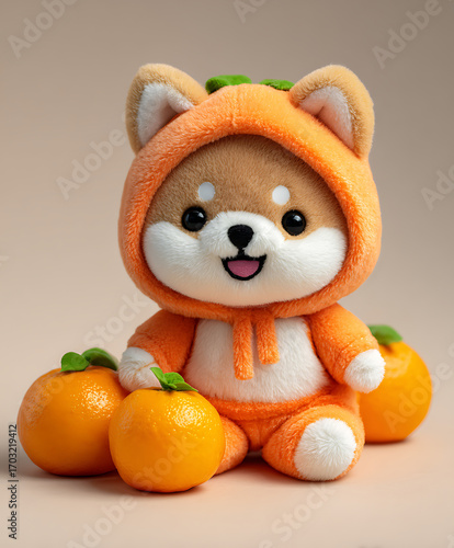 A round puppy with fluffy fur and sparkling eyes, wearing a shiny orange outfit. The oranges beside it look fresh and textured, making the whole picture vibrant.