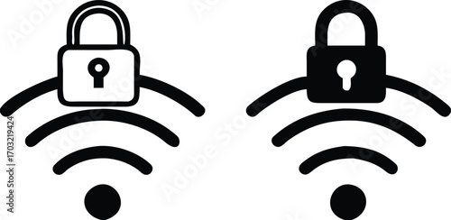 Wi Fi Icons. Black and White Vector Illustrations. Padlock and Wi Fi Internet. Protecting Wireless Network from Unauthorized Access. Concept Password and Data Security


