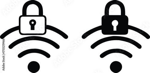Wi Fi Icons. Black and White Vector Illustrations. Padlock and Wi Fi Internet. Protecting Wireless Network from Unauthorized Access. Concept Password and Data Security

