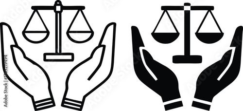 Fair Icons. Black and White Vector Illustrations. Scales of Justice in Human Hands. Acting Impartially, According to Truth. Concept Fairness

