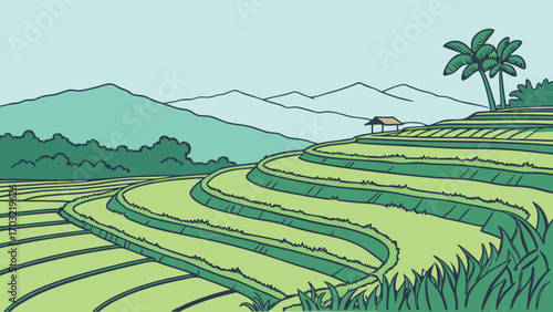 Green rice terraces landscape with mountains and palm trees.