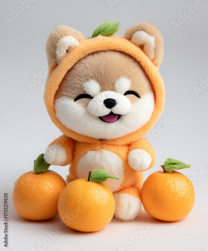 A round puppy with fluffy fur and sparkling eyes, wearing a shiny orange outfit. The oranges beside it look fresh and textured, making the whole picture vibrant.