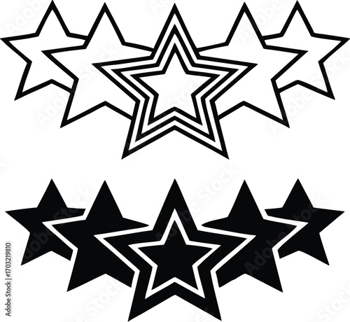 Star Icons. Black and White Vector Illustration. Five Stars, Competition Rating, Top Score. Reward Concept

